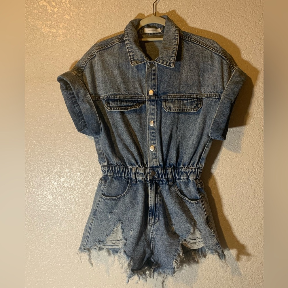 Distressed denim romper
